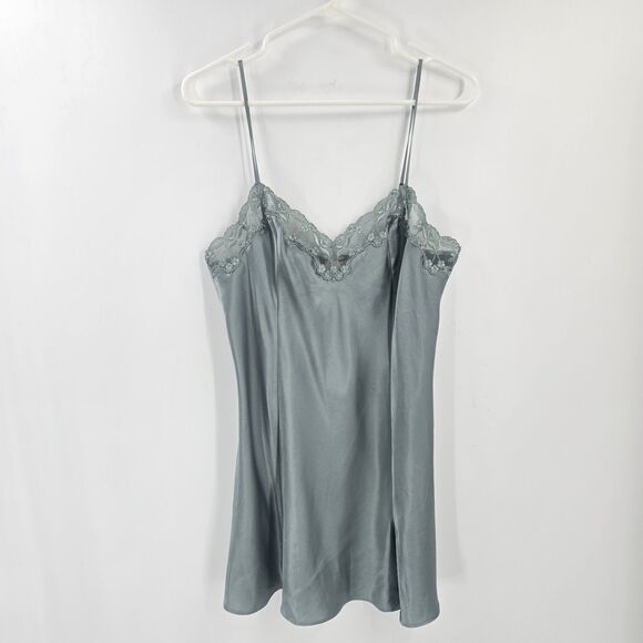 Victoria’s Secret Silk Light Gray Green Sage Lace Slip Dress Limgerie Negligee - Picture 2 of 4